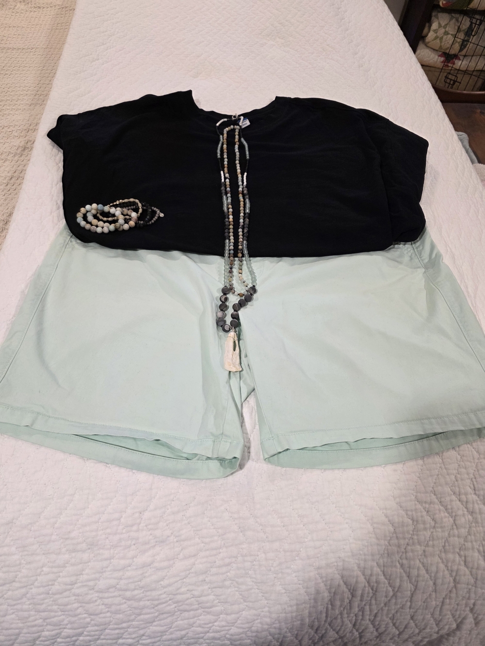 Old Navy Black Short Sleeve Top with Mint Green Shorts